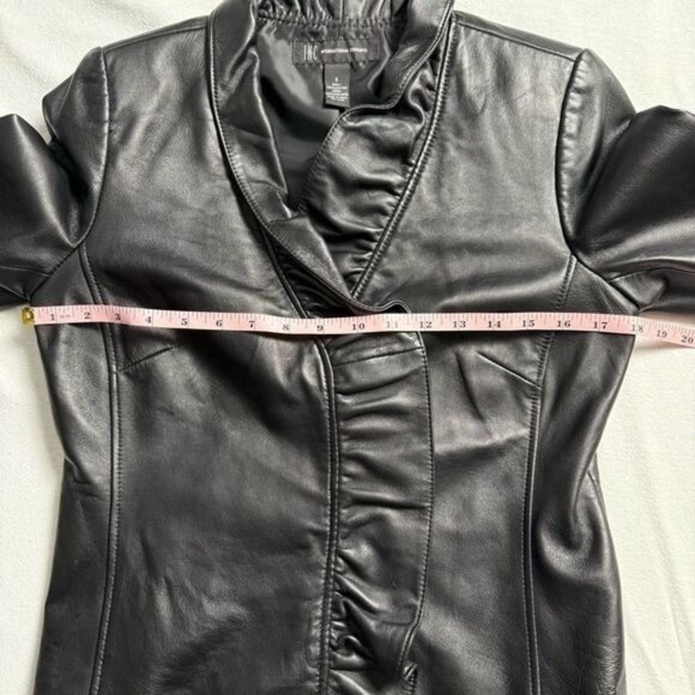INC International Concepts Black‎ Leather Ruffle Jacket Women S Moto Chic - Picture 9 of 14